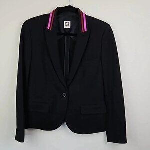 Anne Klein Black One‎ Button Blazer Pink Stripe Collar Size Medium